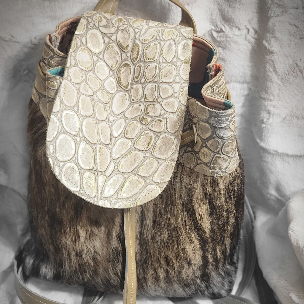Elegant Cream and Brown Cow Hide Women's Bag